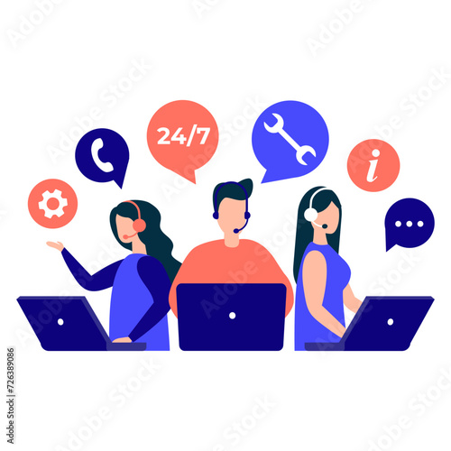 Customer service, hotline operators advise customers. 24 7 global online technical support, call center, call processing system. Vector isolated EPS 10 .