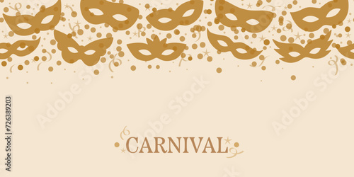 Gold carnival vector greeting banner with masks and confetti, elegant holiday backgorund concept