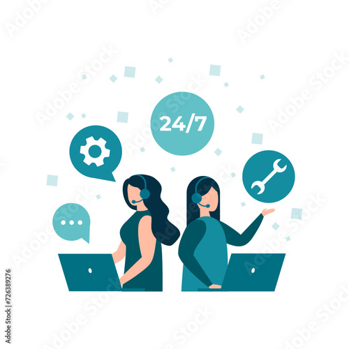 Customer service, hotline operators advise customers. 24 7 global online technical support, call center, call processing system. Vector isolated EPS 10 .