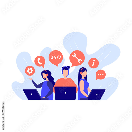 Customer service, hotline operators advise customers. 24 7 global online technical support, call center, call processing system. Vector isolated EPS 10 .