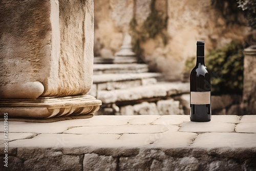 southern europe wine bottle advertising template , beige travertin stone background