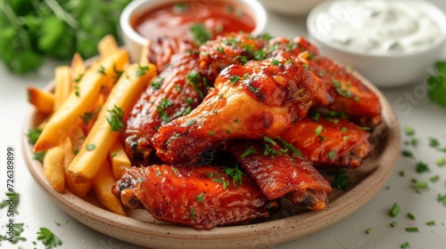 Homemade chicken wings with tartare sauce, herbs and french fries on light grey background