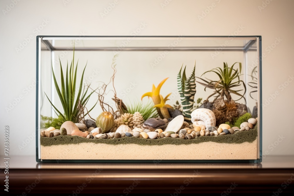 glasscased terrarium displaying layers of soil, sand, pebbles, and
