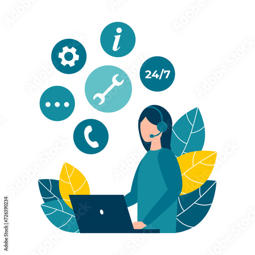Customer service, hotline operators advise customers. 24 7 global online technical support, call center, call processing system. Vector isolated EPS 10 .