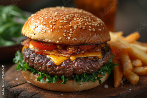 mouth-watering gourmet burger with bacon, cheese, and tomato, served with golden fries on a rustic wooden board