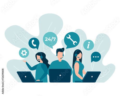 Customer service, hotline operators advise customers. 24 7 global online technical support, call center, call processing system. Vector isolated EPS 10 .