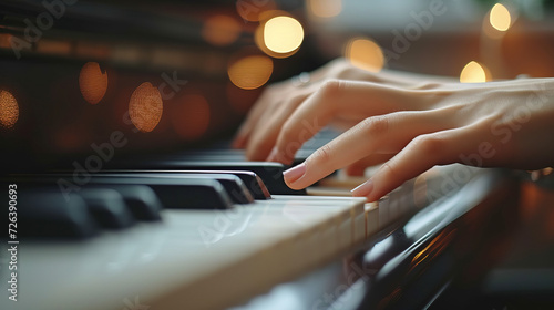 Experience the grace of playing the piano. Each note dances like poetry, weaving a symphony of elegance. Unleash your musical soul and let the piano keys tell a story of timeless beauty. photo