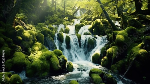 View of waterfall in deep forest. waterfall view in nature. Waterfall landscape in forest. waterfall view in spring. Nature landscape in forest. sun rays falling into the forest