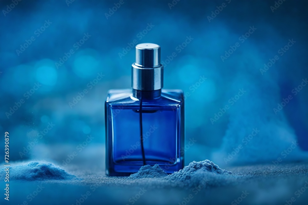 closeup perfume flacon , blue tones , dye pigments and blurry background closeup perfume flacon , blue tones , dye pigments and blurry background