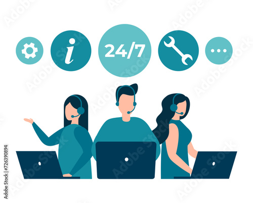 Customer service, hotline operators advise customers. 24 7 global online technical support, call center, call processing system. Vector isolated EPS 10 .