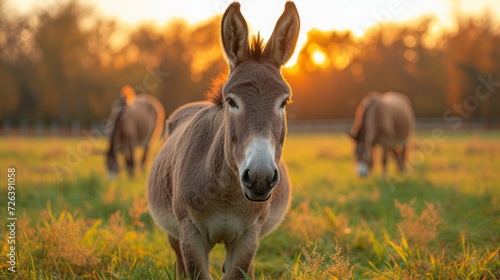 A donkey grazing on the grass, with a photography style and realistic and delicate details,