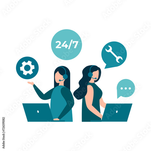 Customer service, hotline operators advise customers. 24 7 global online technical support, call center, call processing system. Vector isolated EPS 10 .