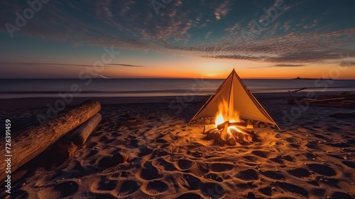Relaxing camping on shore. Camping tents and campfires at dusk on the beach