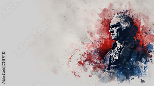 A sketch of Thomas Jefferson, with red and blue color splatter with copy space - AI Generated Abstract Art photo