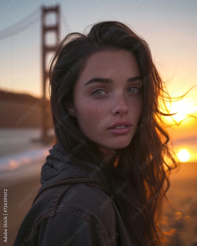 Portrait of a beautiful young woman on the background of the Golden Gate Bridge at sunset. A brunette with hazel eyes exudes tranquility against the backdrop of the Golden Gate Bridge at sunset. 