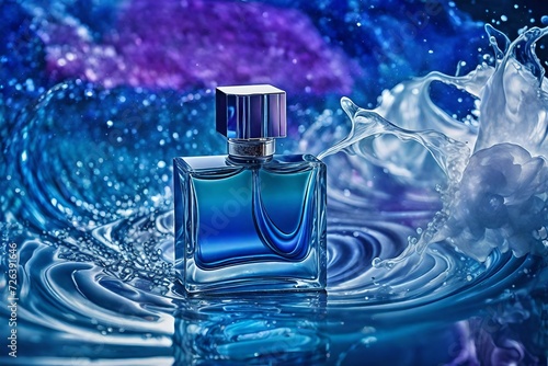 rectangular blue and purple gradient perfume flacon , irridescent liquid wacy background photo