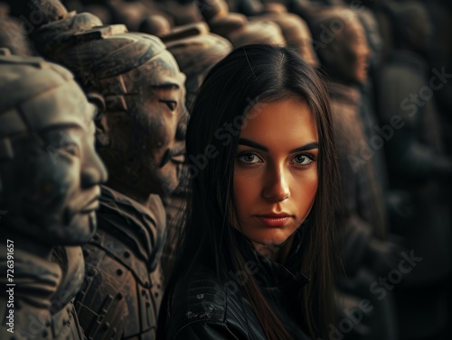 Portrait of a beautiful girl with black hair with ancient statues. A brunette with olive skin and hazel eyes stands among the Terracotta Army.  © Oskar Reschke