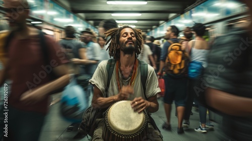 African musician playing a drum in a train station, motion blur. Man playing the drum. A busker surrounded by commuters in a bustling subway station, passionately playing a hang drum. 