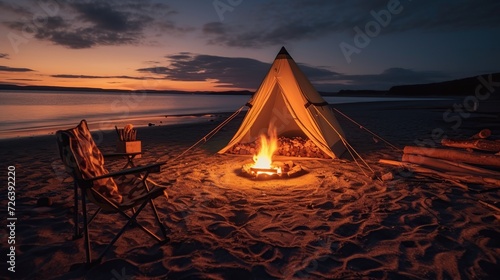 Relaxing camping on shore. Camping tents and campfires at dusk on the beach