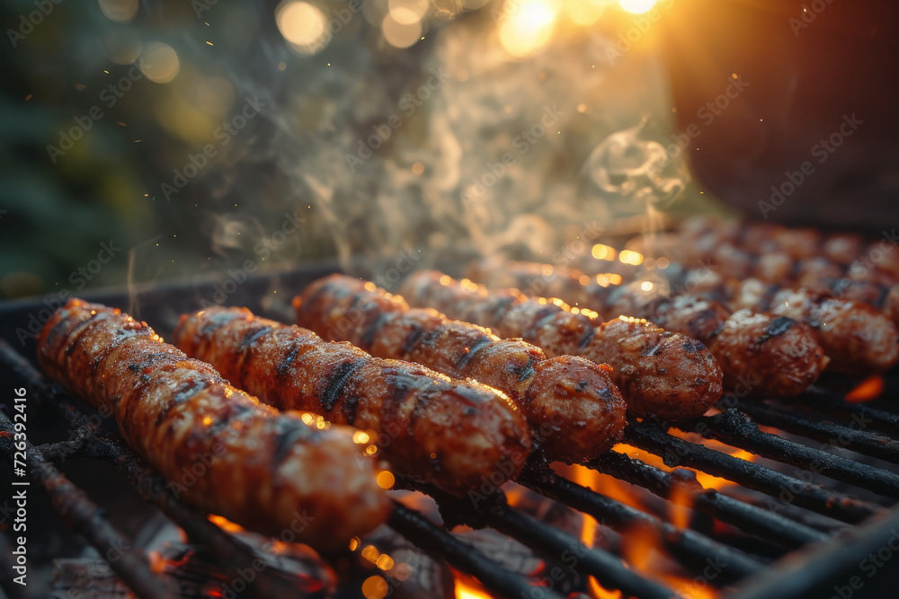 Juicy sausages cooking on an open flame barbecue grill, with a smoky aroma, highlighted by the golden hour sunlight - obrazy, fototapety, plakaty 