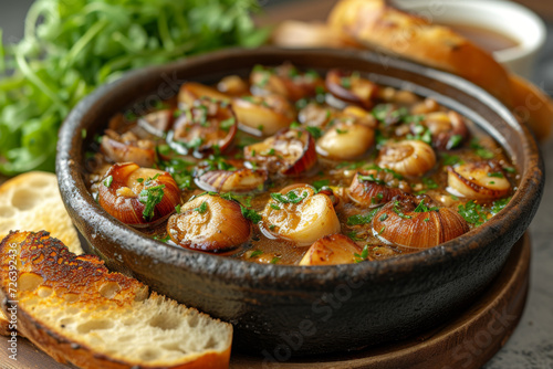 traditional escargot dish, served in a sizzling pan with garlic herb butter, accompanied by fresh parsley and toasted bread photo