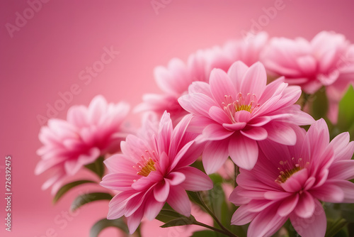 Pink flowers in full bloom on a solid pink background.
