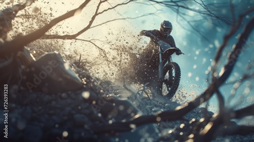 Motocross. Man, professional motorcyclist in full moto equipment riding crops enduro bike on mountain road at sunset. Generative AI. Concept of motosport, speed, hobby, journey, activity. In action photo