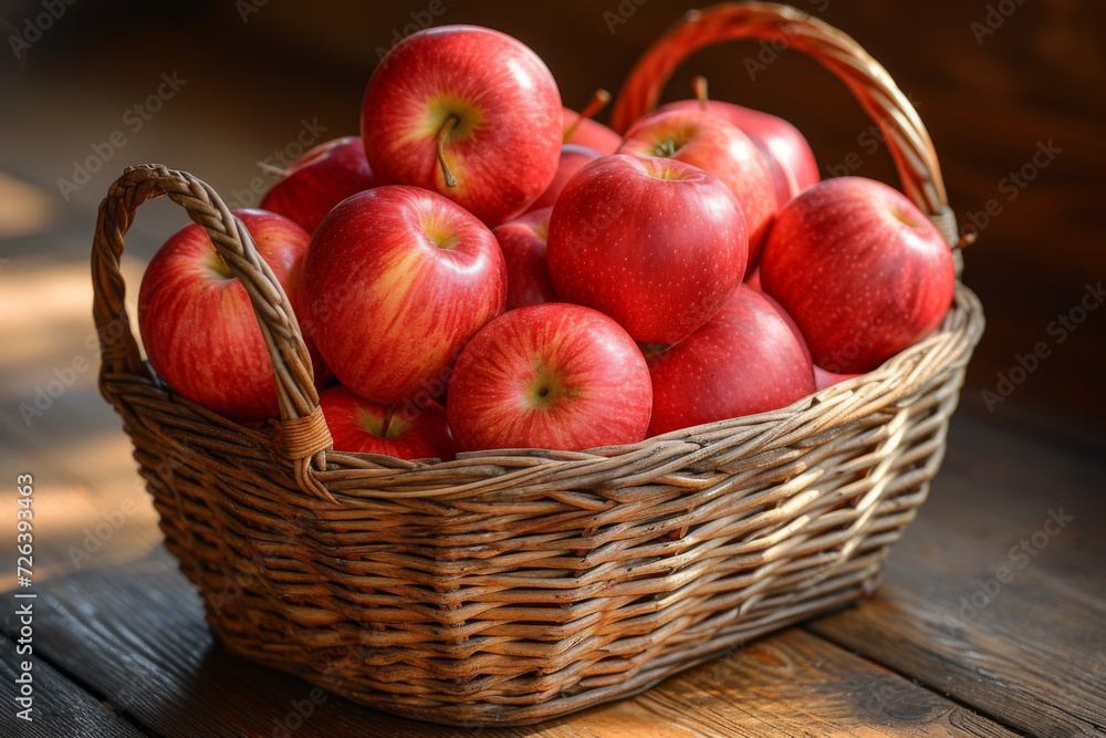 rustic woven basket filled with ripe red apples on a wooden surface, evoking a sense of harvest and natural goodness rustic woven basket filled with ripe red apples on a wooden surface, evoking a sense of harvest and natural goodness