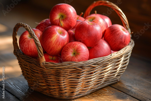 rustic woven basket filled with ripe red apples on a wooden surface, evoking a sense of harvest and natural goodness