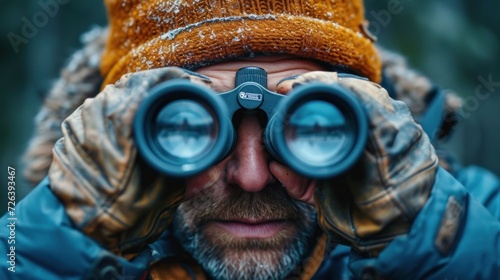 Man in Jacket Using Binoculars for Wildlife Observation in Snowy Forest