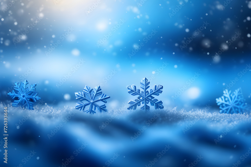 Blue and white snowflakes on a snowy background. Isolated on a blue background.