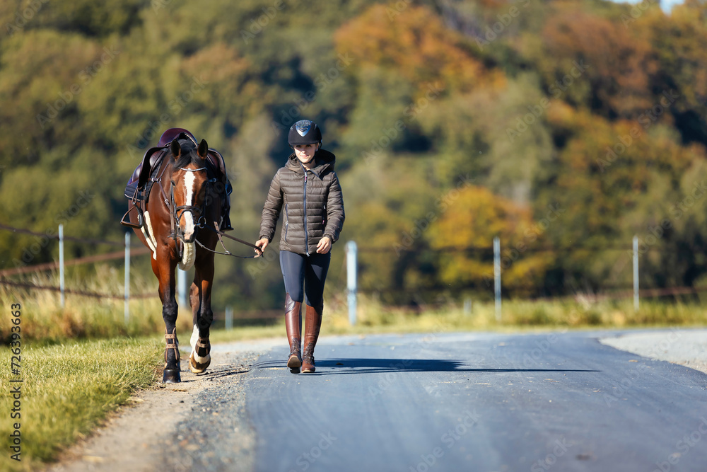 Obraz premium Girl rider goes riding with her horse ready to ride.