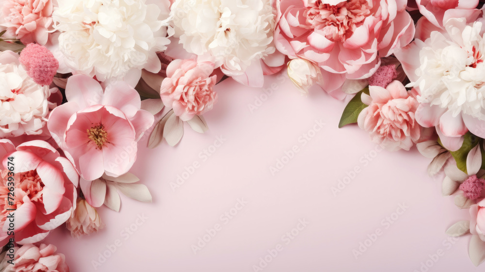 Aesthetic background frame with tender white and pink peonies. Copy space. Invitation or greeting concept. Generative AI Aesthetic background frame with tender white and pink peonies. Copy space. Invitation or greeting concept. Generative AI