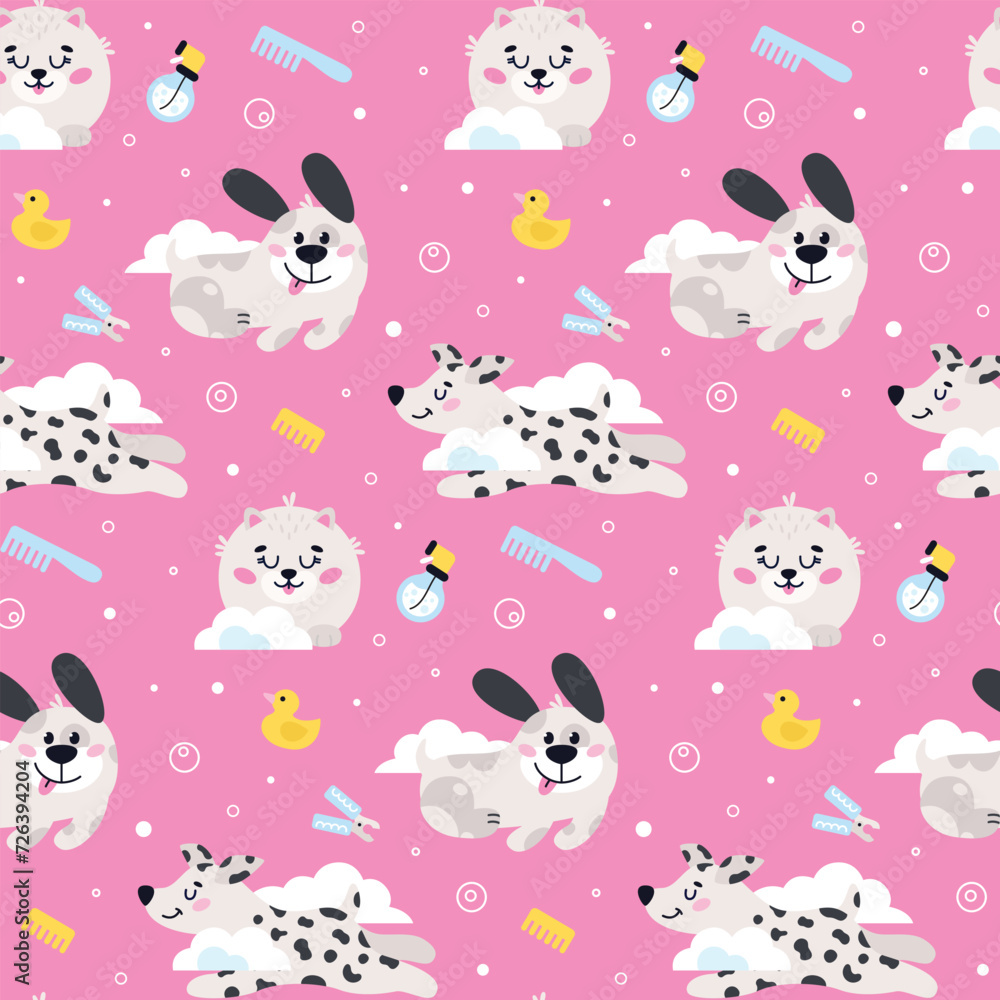 Seamless vector pattern with dog pet grooming. Caring about pet. Dalmatian and Pomeranian spitz. Dog washing and barber service. Flat style Seamless vector pattern with dog pet grooming. Caring about pet. Dalmatian and Pomeranian spitz. Dog washing and barber service. Flat style