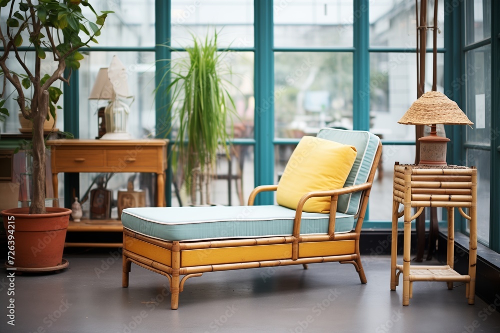 Fototapeta premium vintage bamboo chaise lounge in a conservatory setting