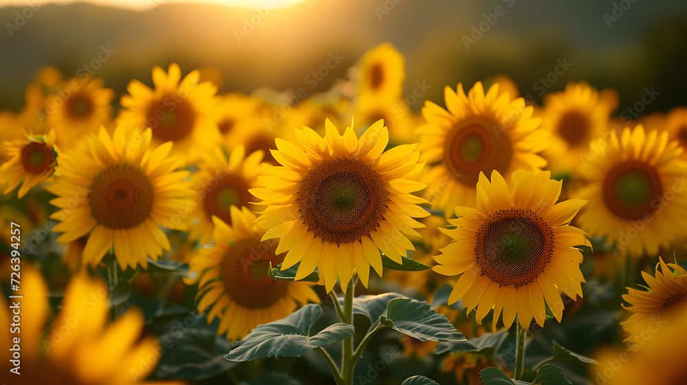 A field of sunflowers, with golden petals as the background, during the height of summer