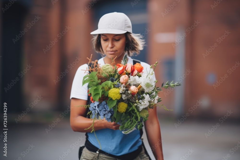 Fototapeta premium floral arranger incorporating urban debris in a bouquet