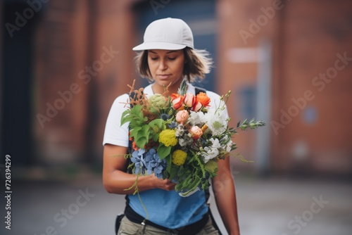 floral arranger incorporating urban debris in a bouquet photo