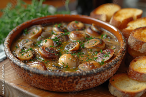 traditional bowl of escargot soup sprinkled with herbs, accompanied by slices of toasted bread, epitomizing French cuisine
