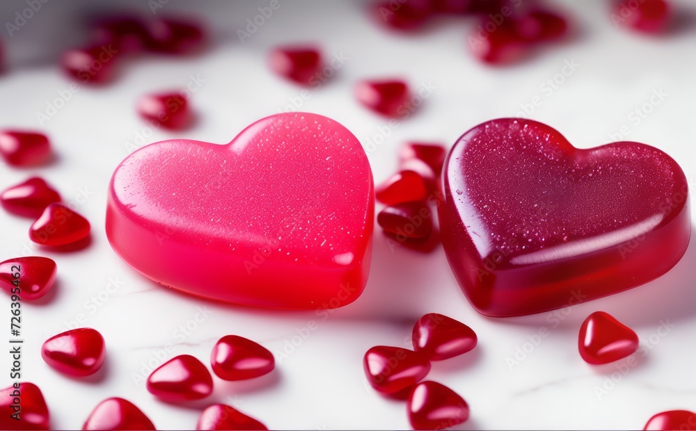 heart-shaped candies, Red gummy love heart, On marble Table floor top, couple, love, valentine handcraft symbol