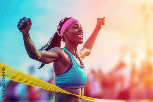 Joyful African American female runner celebrating victory at marathon finish line with a bright sky