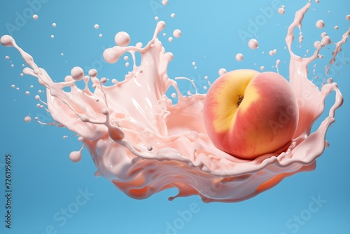 Juicy peach in yogurt splash on a blue background
