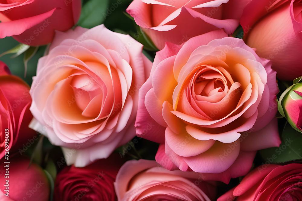 Close-up of beautiful pink roses with raindrops.