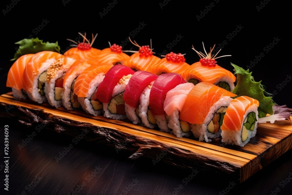 Sushi on a wooden plate Sushi on a wooden plate