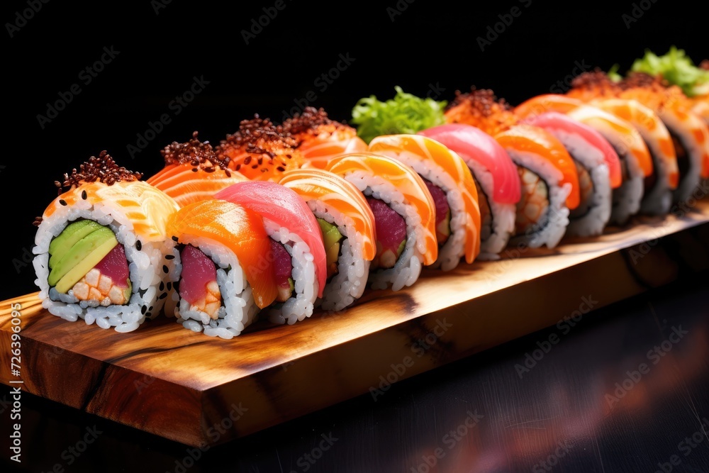 Sushi with salmon on wooden platter