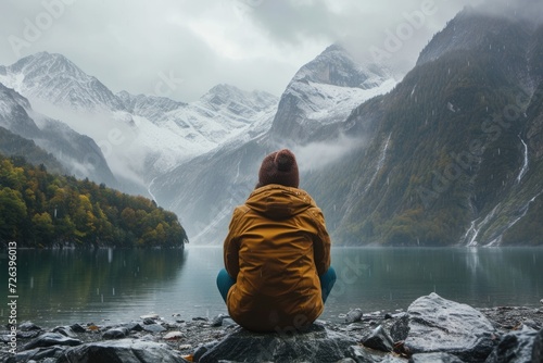 Obraz na płótnie Person in Yellow Jacket Sitting by Mountain Lake