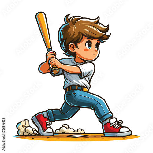 Happy cute little boy playing baseball softball in action cartoon vector illustration, hitter swinging with bat design template isolated on white background