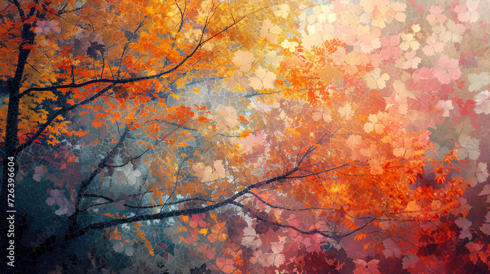 Enchanting Misty Mosaic, Abstract Autumn Elements in Atmospheric Compositions, Evoking a Sense of Mystery and Serenity.