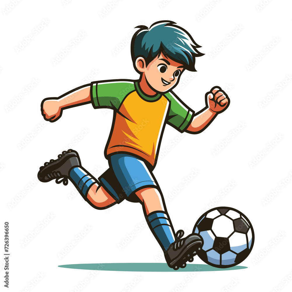 Happy cute little boy playing soccer football game in action cartoon vector illustration, kid player kicking ball design template isolated on white background Happy cute little boy playing soccer football game in action cartoon vector illustration, kid player kicking ball design template isolated on white background
