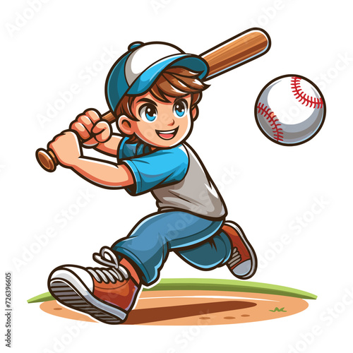 Happy cute little boy playing baseball softball in action cartoon vector illustration, hitter swinging with bat design template isolated on white background